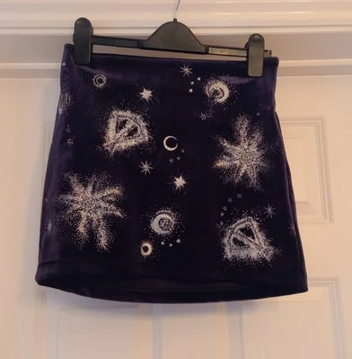 Womens H&M Navy Blue Velvet Skirt With Silver Pattern, Size 8, New With Tag - Image 1 of 2