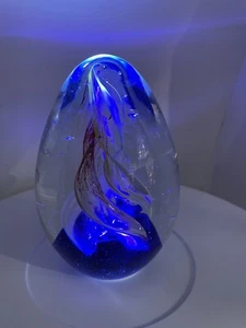 Paperweight Glass Twisting Bubbles Bed Of Cobalt Blue Orange Yellow Gift - Picture 1 of 4