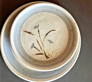 Vintage Floral blue brown Stoneware STUDIO Pottery Bowl Signed by TYRA 3 piece - Picture 1 of 6