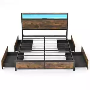 COSTWAY King Size Bed Frame Metal Bed Platform LED Lights Headboard - Picture 1 of 7