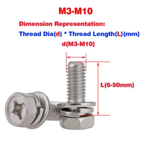 M3-M10 304 SS HEX TAP BOLTS PHILLIPS HEAD SCREW + FLAT/SPRING WASHER - Picture 1 of 5