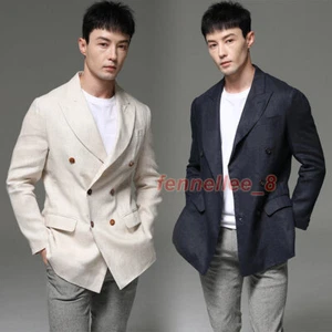 Men 100% Linen Italian Naples Suit Coat Double-breasted Jacket Formal Casual Top - Picture 1 of 15