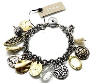 NWT Chico's GWP Multi Tone Charm Bracelet~Rhinestone Faux Pearl Filigree Heart - Picture 1 of 10