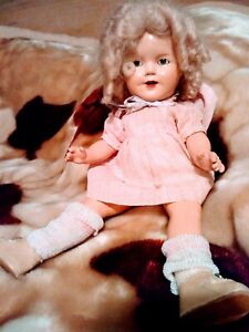 Shirley Temple Doll 13" With Vintage Dress & Matching Bonnet, Slip, Socks, Shoes
