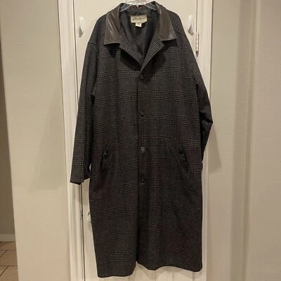 Vtg EDDIE BAUER Wool Glenn Plaid Leather Trim Overcoat Trench Coat MENS XL - Image 1 of 4