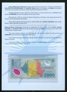 t089 LUCKY SERIAL 0400111 ROMANIA 2000 LEI 1999 SOLAR ECLIPSE POLYMER BANKNOTE - Picture 1 of 4