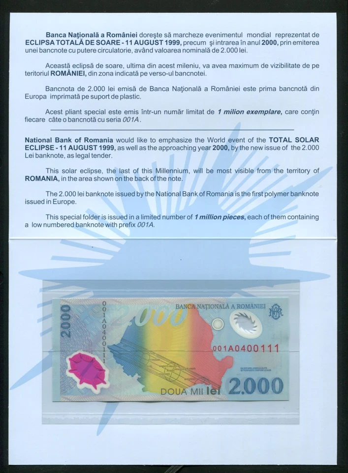 t089 LUCKY SERIAL 0400111 ROMANIA 2000 LEI 1999 SOLAR ECLIPSE POLYMER BANKNOTE - Image 1 of 4