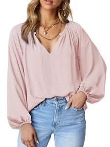 Samefar Women's Long Sleeve V Neck Shirt, Casual Loose Chiffon Blouse, Large - Picture 1 of 6