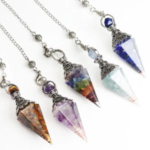 7 Chakra Orgone Faceted Cone Pendulum Dowsing Crystal Healing Chips Pendant - Picture 1 of 20