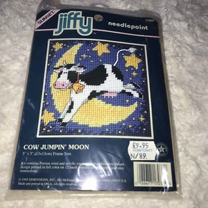 Vintage Sunset Jiffy Needlepoint Rare Cross Stitch Kit COW JUMPING MOON 1995 5x5 - Bild 1 von 4
