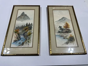 Vintage Asian Landscape Prints on Silk - Waterfall & Cottage Scene –Signed-1981 - Picture 1 of 24
