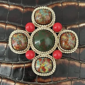 Broche De Colección MCM Sarah Coventry Mosaico Cruz Malta Cabujón Grueso Tono Dorado - Imagen 1 de 5