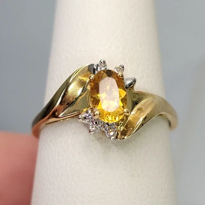 Anillo De Colección Oro Amarillo 14K Piedras Preciosas Citrino Diamantes Talla-7 Joyería Patrimonial 2.2g Foto 1 de 4