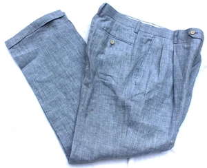 Pantalones para hombre Paul Fredrick 36x32 azul claro con puños plisados 100 % lino - Imagen 1 de 10