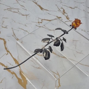 Vintage Sterling Silver 925 Polish Hallmarked Amber Long Stem Rose Object D'art - Picture 1 of 17