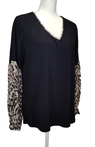 Democracy Blouse Size XL Black V-neck with Animal Print Long Sleeves - Picture 1 of 17