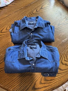 lot Wrangler Shirt 2XT Tall Blue Jean Denim Western Pearl Snap Cowboy Long Slv - Picture 1 of 8