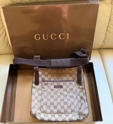 Authentic Gucci GG Supreme Monogram Small Flat Messenger Bag Dark Brown $199  - Image 1 of 4