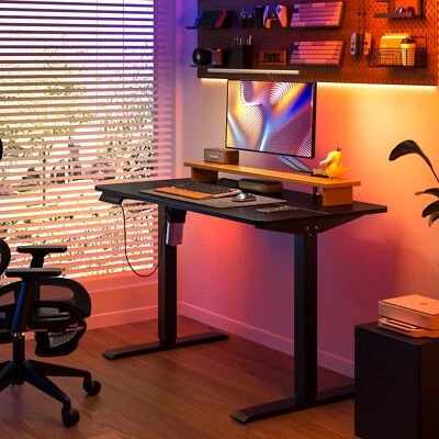 Escritorio eléctrico de pie altura ajustable con soporte de metal escritorio de computadora, gancho Foto 1 de 4