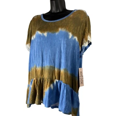 NANETTE LEPORE Peplum Blouse Sz L Brown Blue Tie Dye Hi-Low Cap Sleeves Ruffled - Image 1 of 4