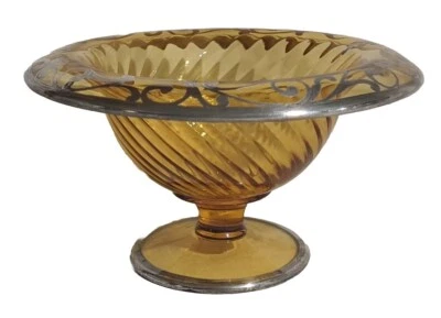 Pedestal de vidrio ámbar remolino con superposición floral de plata esterlina vintage cuenco de nuez de caramelo Foto 1 de 4