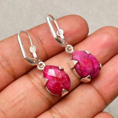 Pendiente de joyería de plata de ley 925 hecho a mano con piedras preciosas creadas en laboratorio de rubí 1,38" Foto 1 de 4