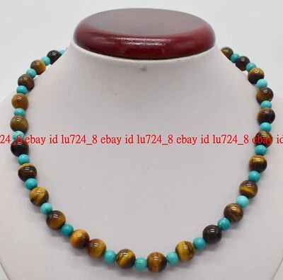 Подлинный 6 мм синий бирюзовый и 10 мм желтый тигровый глаз круглый бисер ожерелье 18» - Изображение 1 из 4