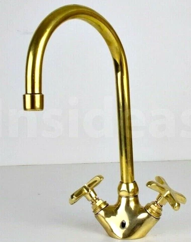 Gooseneck Bathroom Solid Brass Faucet, Unlacquered Brass Faucet with Flat Cross Cover