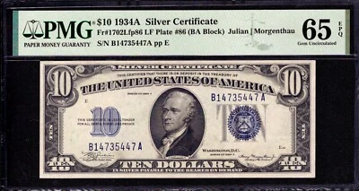 1934 A $10 SILVER CERTIFICATE NOTE FR.1702 LATE FINISHED PLATE 86 PMG GEM 65 EPQ - Image 1 of 4