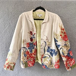 Coldwater Creek Jacke Größe 14 Damen Oberteil gefüttert creme & Blumenmuster Waffelmuster Kunst - Bild 1 von 11