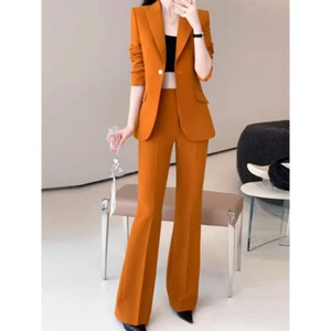 Spring Women Profession Suit 2pc V-neck Longsleeve Top Solid Color Wide Pants - Picture 1 of 11
