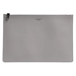 DOLCE & GABBANA Bag Gray Solid Leather DG Logo Men Clutch Zip Borse Pouch 610usd - Picture 1 of 10