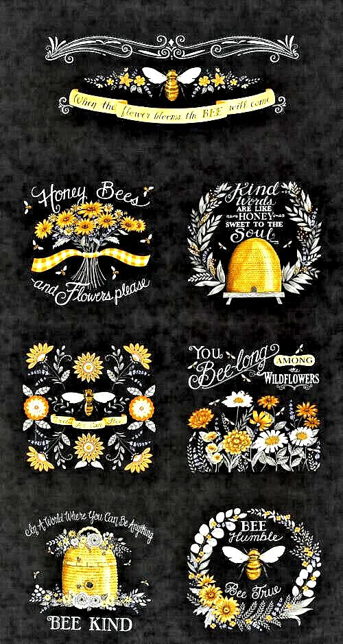 MODA FABRICS#56089 17 "HONEY&LAVENDERBeekep Gold Charcoal Panel  24" x 44"BTP - Image 1 of 1