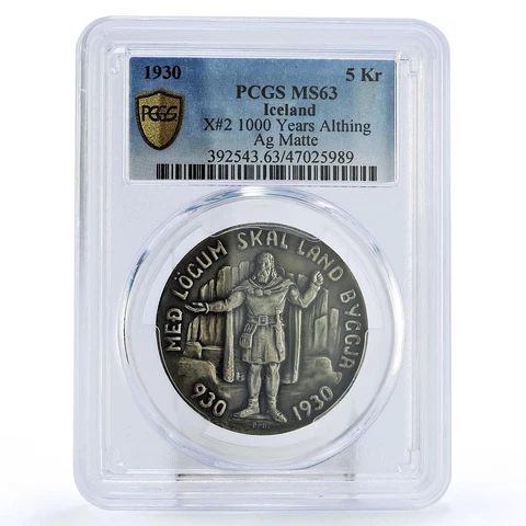 Iceland 5 kronur 1000 Years Althing Ulfliot Dragon Matte MS63 PCGS Ag coin 1930 Cover