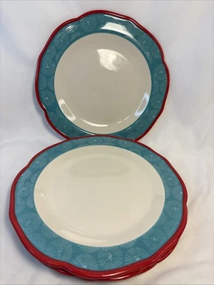 Pioneer женщина «Счастье» обеденные тарелки, красный зубчатый ободок бирюзовый, набор из 4 - Изображение 1 из 4