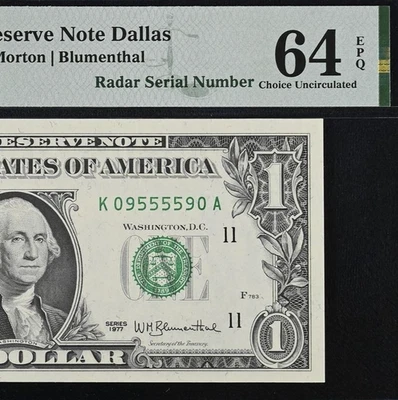 1977 $1 Federal Reserve Note PMG 64EPQ - Fancy Radar Serial Number 09555590 - Image 1 of 3