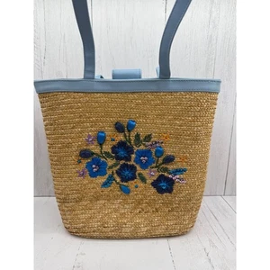 Bolso de Paja Tejido Azul Flor Cuentas Bordado Ciervo Blanco De Colección Boho Cottage - Imagen 1 de 10