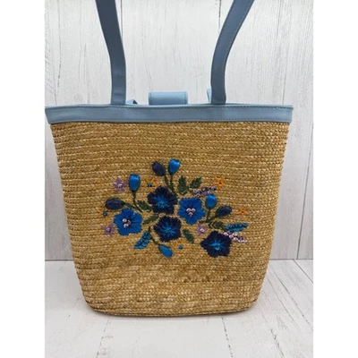 Woven Straw Bag Blue Flower Beading Embroidery White Stag Vtg Boho Cottage - Image 1 of 4