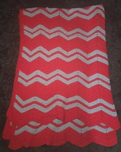 Vintage Handmade Crochet Afghan Blanket Red Grey Chevron Ohio State 61"x83" - Picture 1 of 5