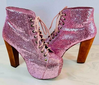 JEFFREY CAMPBELL LITA Pink Glitter Platform Ankle Lace Up Booties Boots – 7M - Image 1 of 4