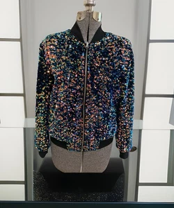 Mehrfarbige Pailletten Bomberjacke durchgehender Reißverschluss Damen Größe Medium OHNE Etikett - Bild 1 von 11
