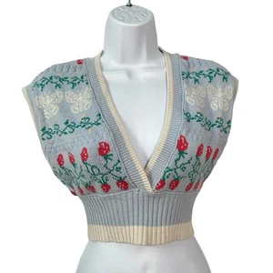 Urban Outfitters Sweater vest Crop Sleeveless XS Blue Cherries Butterfly Womens - Picture 1 of 6
