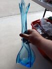 Vintage Blue Italian Swag Glass Vase 14in. 3 Peaks As Is Swung