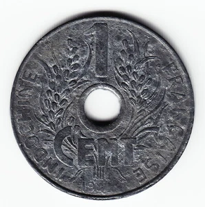 FRENCH INDO-CHINA 1 c 1941 KM24.3 Zinc 2-yr type SOME LUSTER - RARE in TOP GRADE - Picture 1 of 2