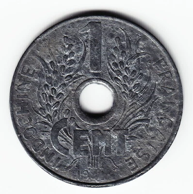 FRENCH INDO-CHINA 1 c 1941 KM24.3 Zinc 2-yr type SOME LUSTER - RARE in TOP GRADE - Image 1 of 2