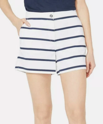 Pantalones Cortos Nautica Para Mujer Algodón Elástico Sarga RAYAS (BLANCO/AZUL MARINO, 4) NUEVO SIN ETIQUETAS-D Foto 1 de 4