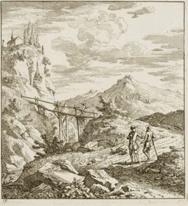 J. BULLINGER (*1713), Wanderer unterwegs vor einer Brücke, Rad. Klassizismus - Bild 1 von 7