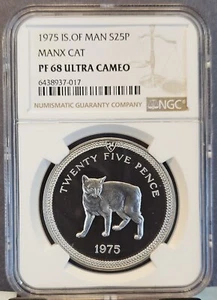 1975 ISLE OF MAN SILVER 25 PENCE MANX CAT NGC PF 68 ULTRA CAMEO RARE TOP POP - Picture 1 of 3