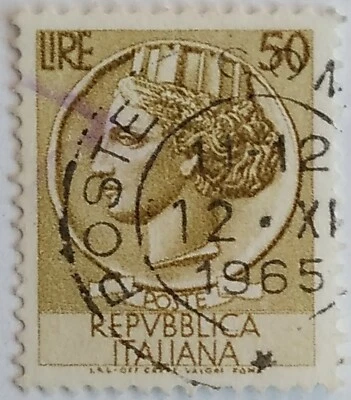 italy stamp 50 lire issued in 1956 used rare series siracusana  vf ci976 - Image 1 of 4
