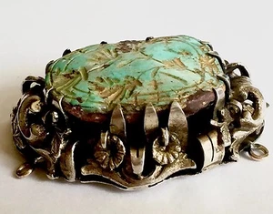 Victorian Museum piece natural Turquoise carved gold gilded sterling pendant - Picture 1 of 12